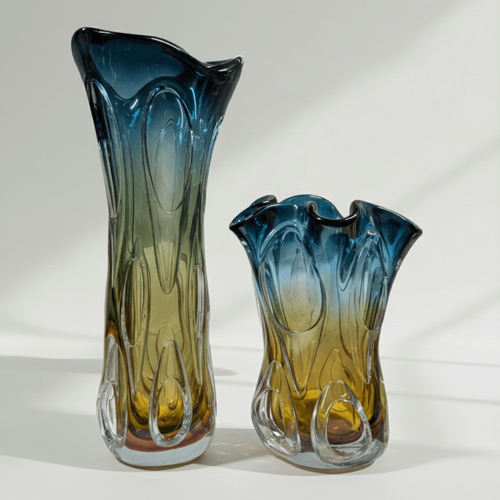 Azure Blue & Amber Handblown Vase Set