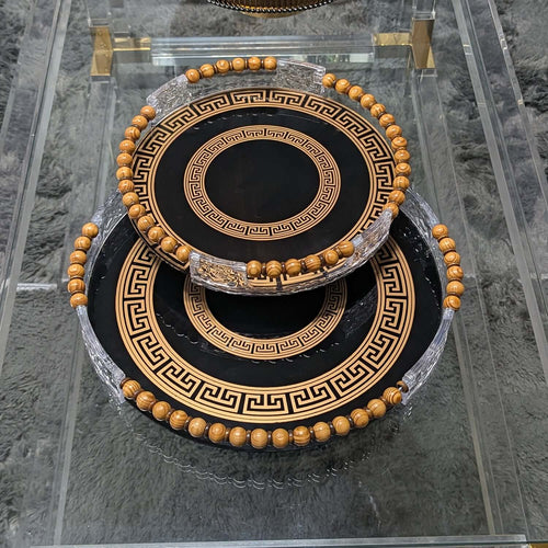Black & Gold Greek Key Glass Tray Set