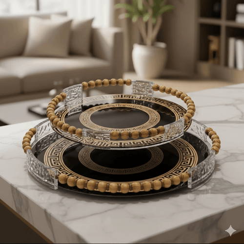 Black & Gold Greek Key Glass Tray Set