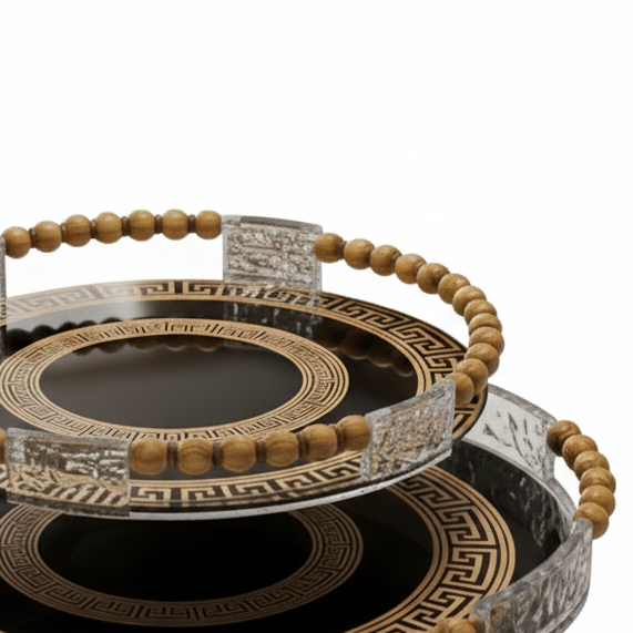 Black & Gold Greek Key Glass Tray Set