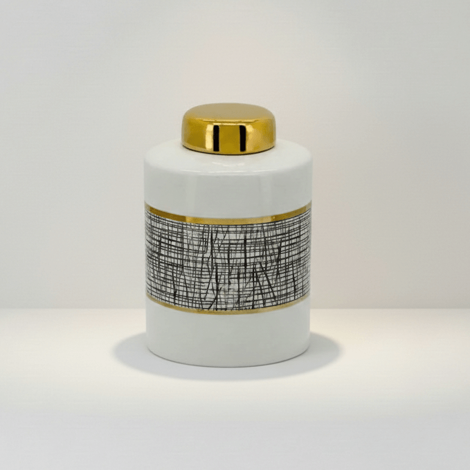 Black White Gold Mesh Porcelain Jar Small