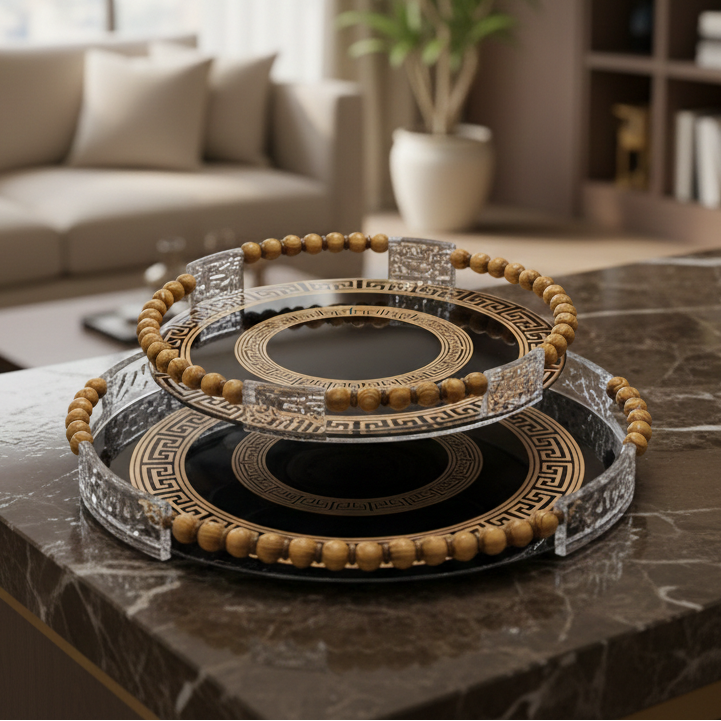 Black & Gold Greek Key Glass Tray Set