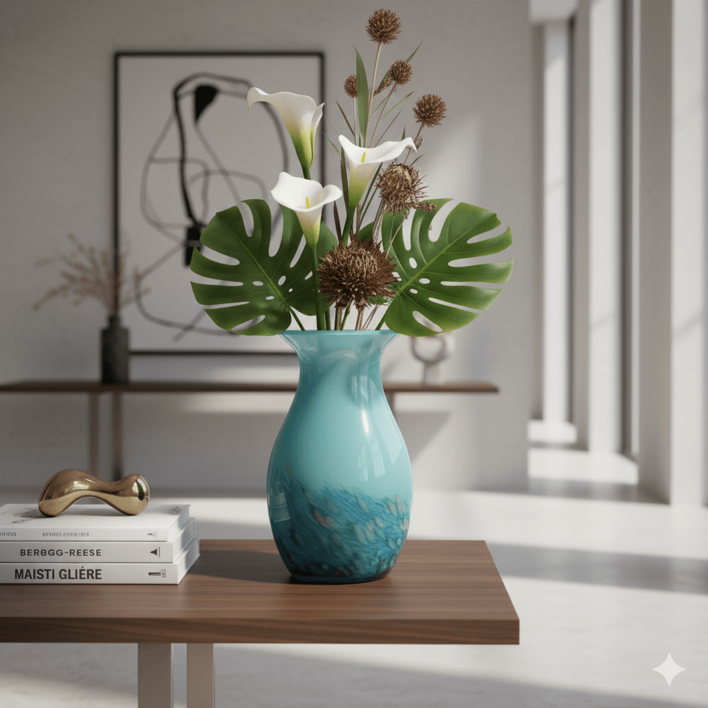 Blue Green Ocean Blown Art Glass Vase