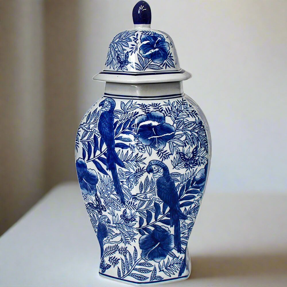 Blue & White Bird Pomegranate Ginger Jar Artisan Ceramic