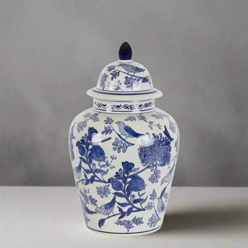 Blue White Sienne Floral Bird Ginger Jar