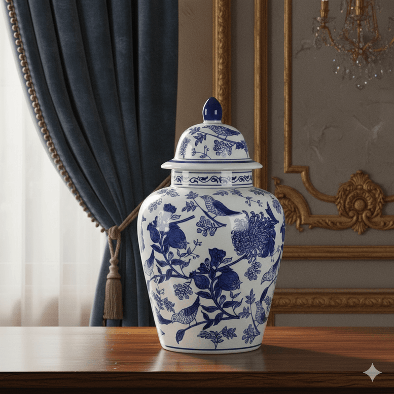 Blue White Sienne Floral Bird Ginger Jar