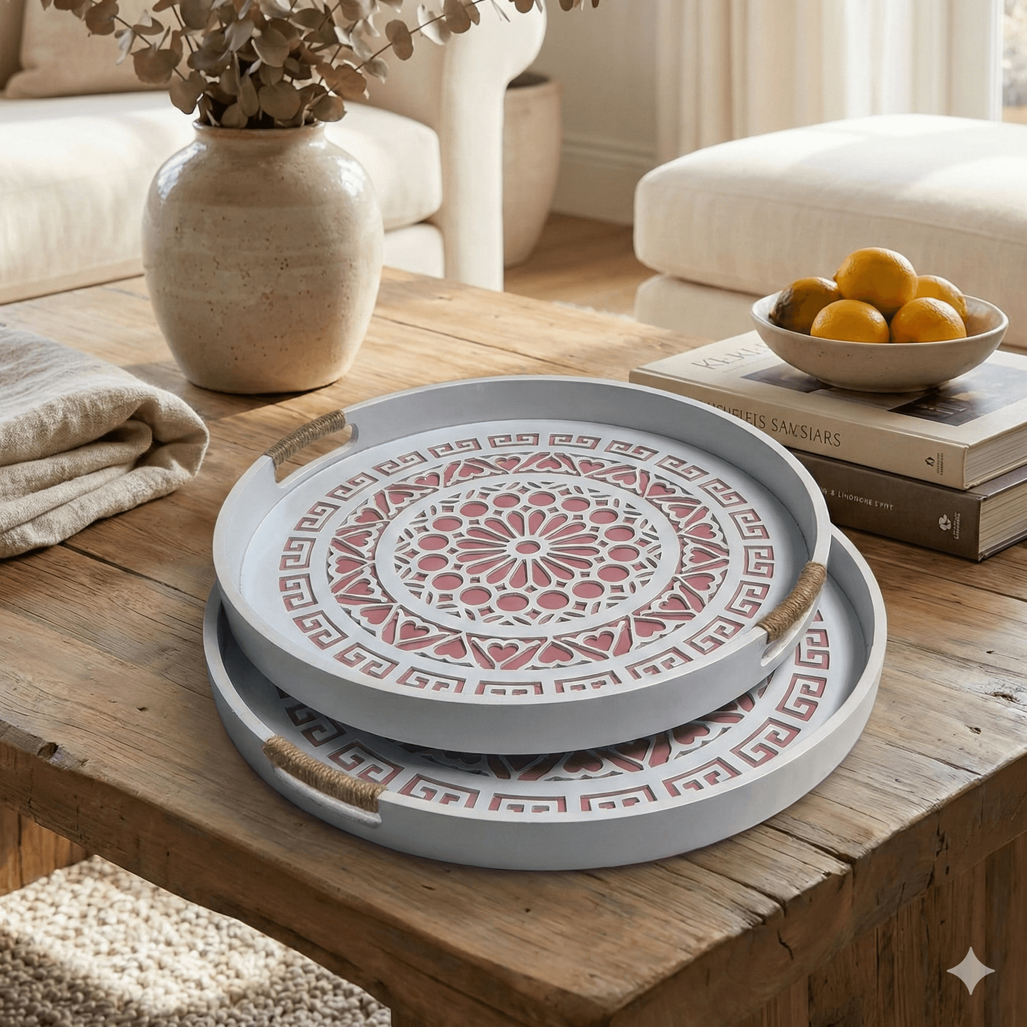 Blush Wood Style Round Serving Tray Set