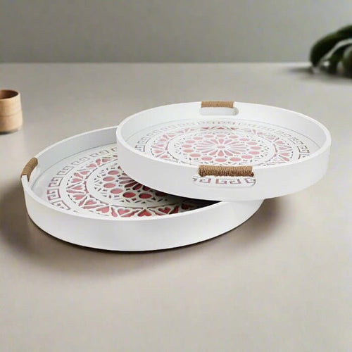 Blush Wood Style Round Serving Tray Set
