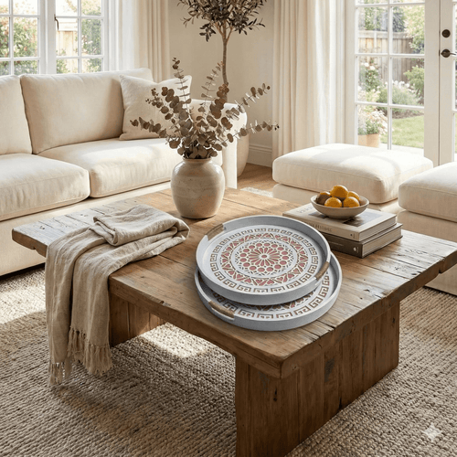 Blush Wood Style Round Serving Tray Set