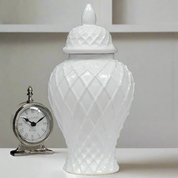 Bromley Diamond Pattern White Ceramic Jar