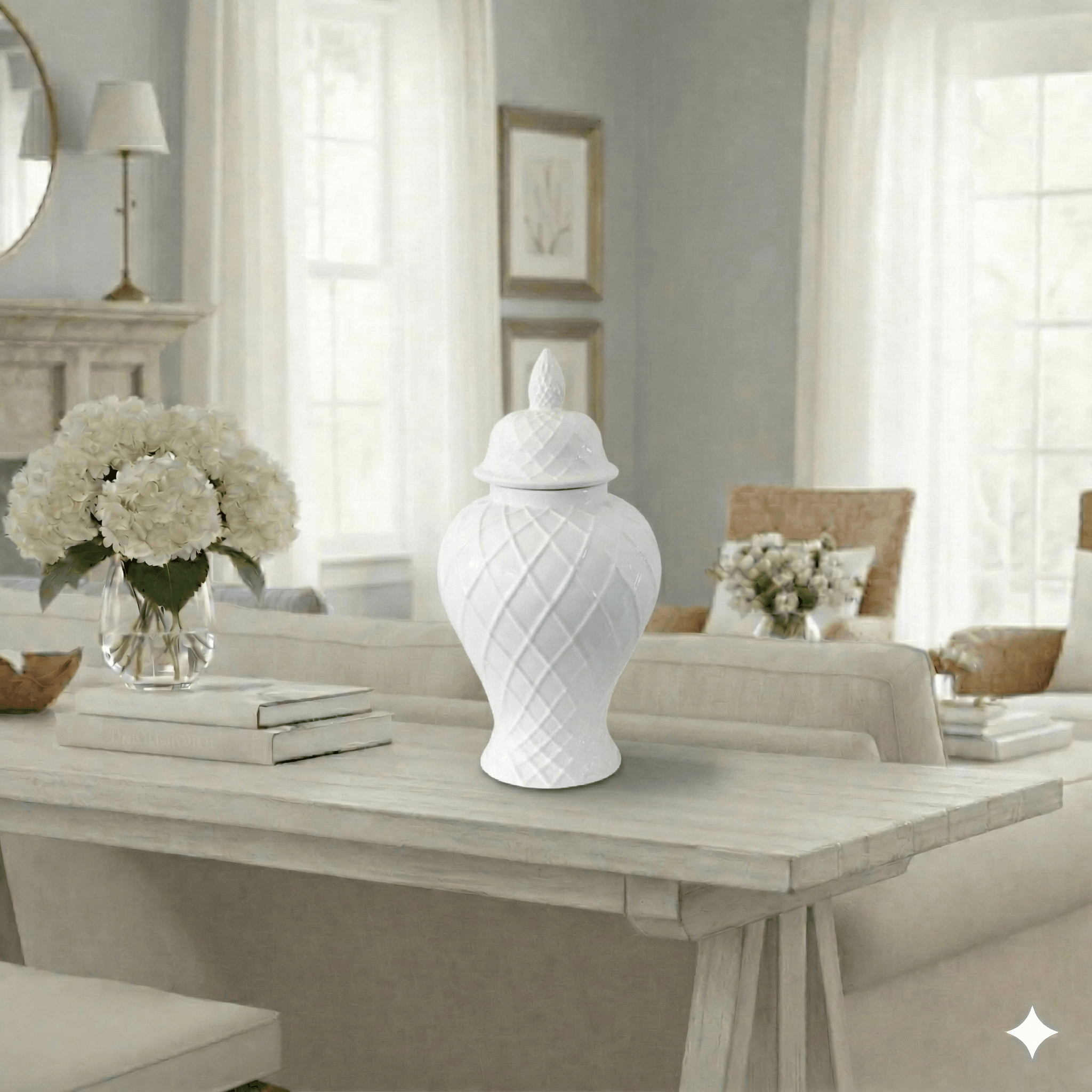 Bromley Diamond Pattern White Ceramic Jar