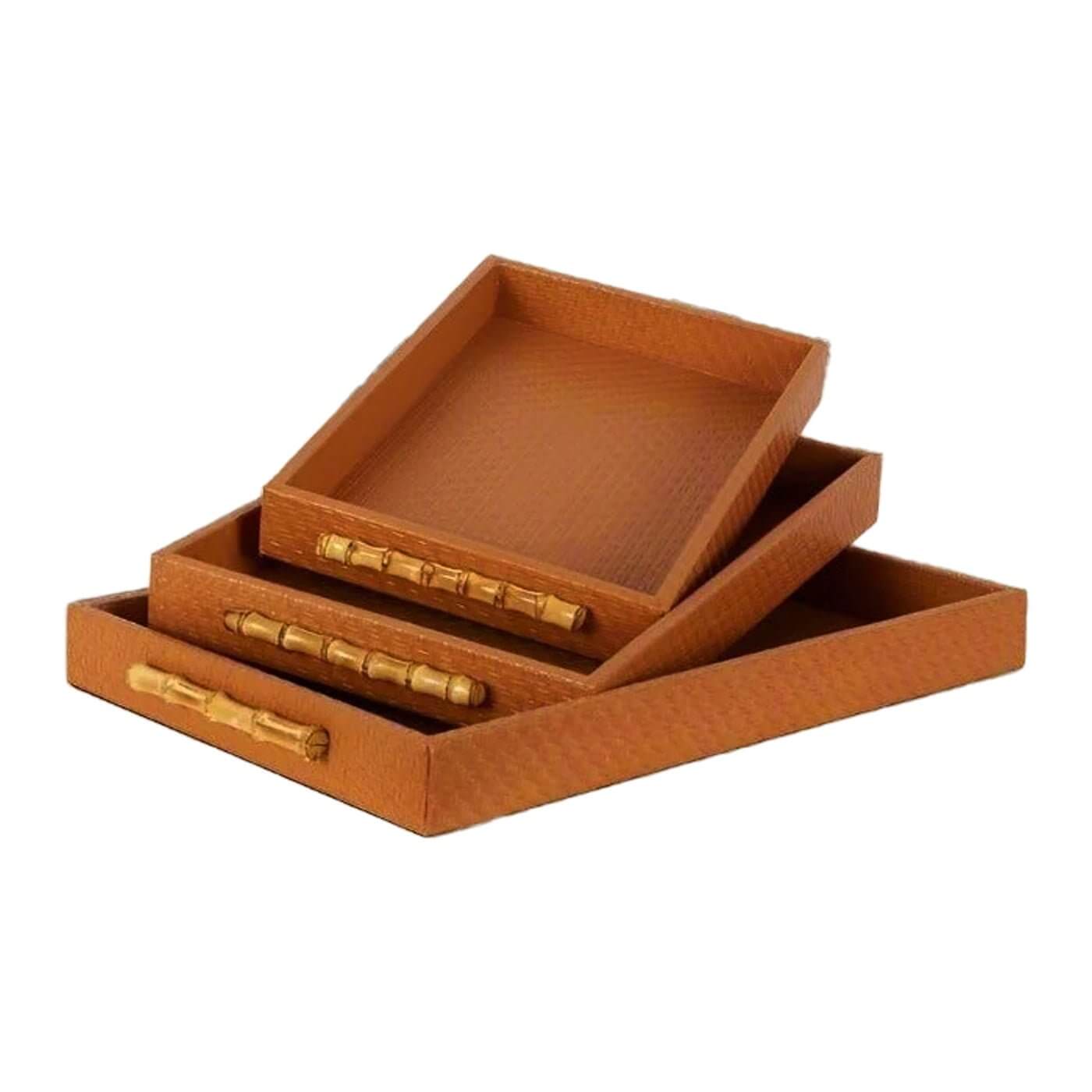 Cashel Wood & Tan Leather Serving Tray Set