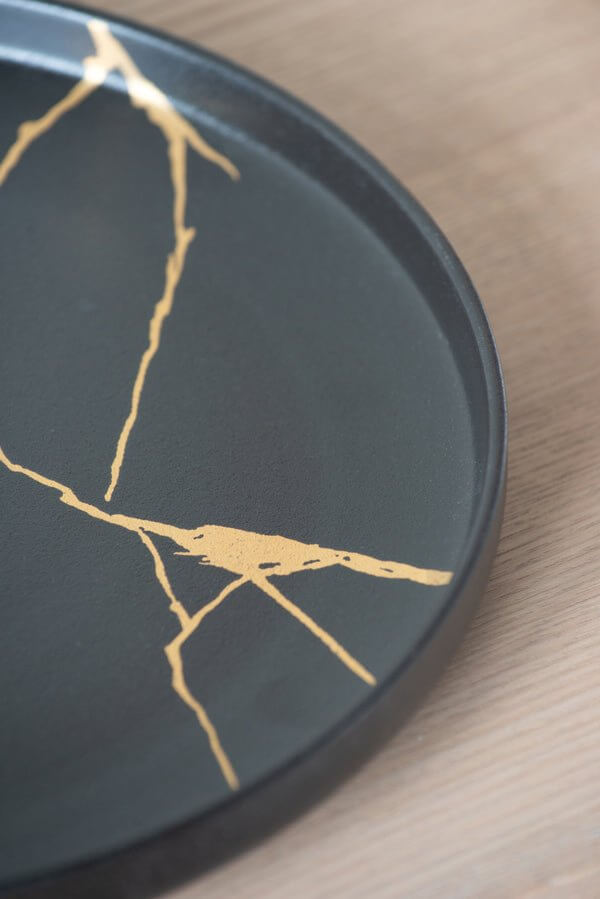 Ceramic Round Plate Wabi-Sabi Large Plate Black/Gold