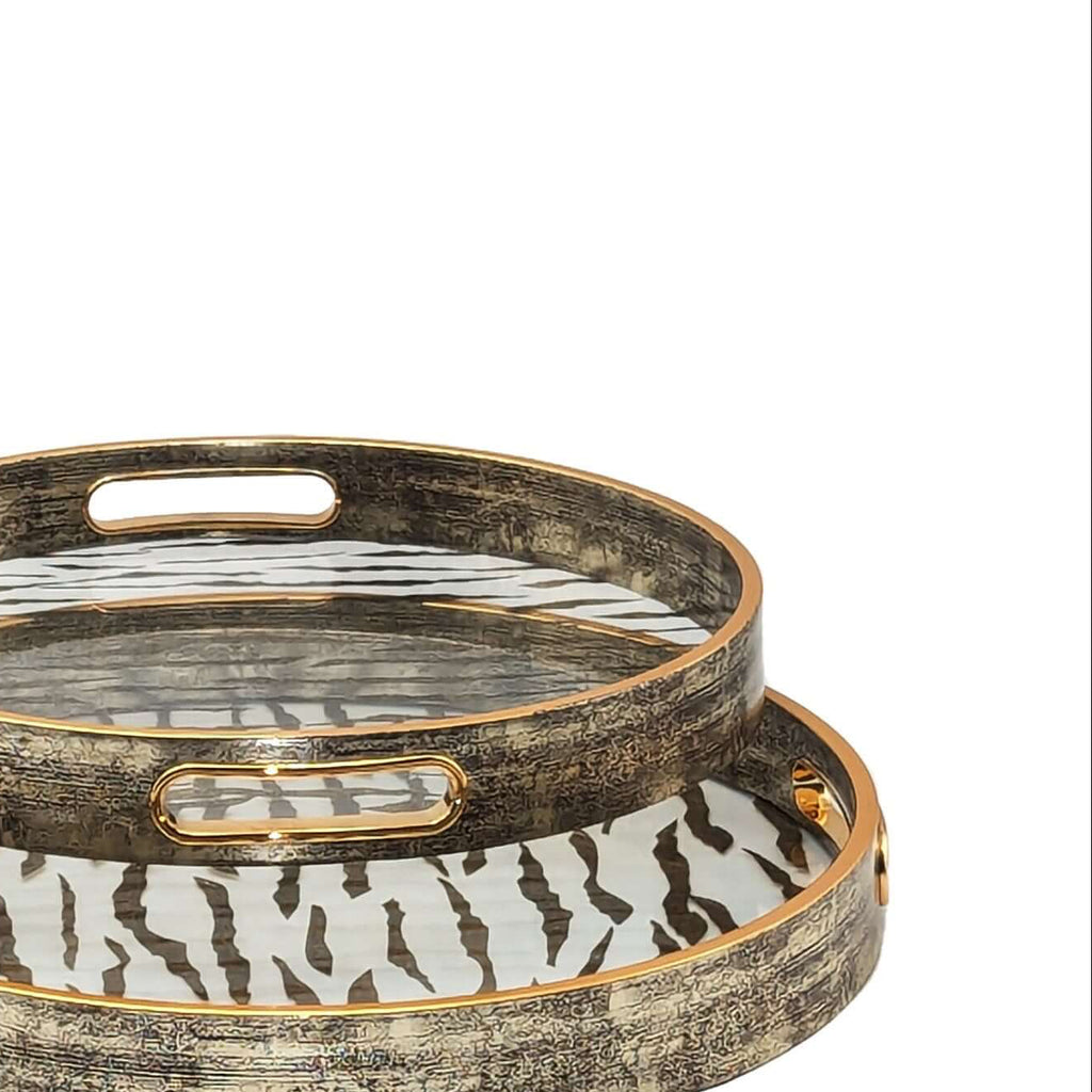 Champagne Gold Glass & Wood Tray Set