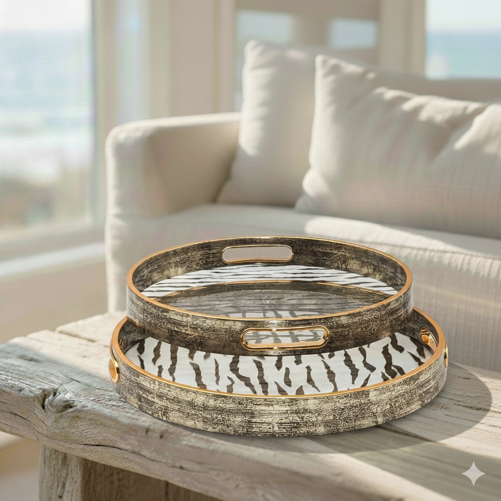 Champagne Gold Glass & Wood Tray Set