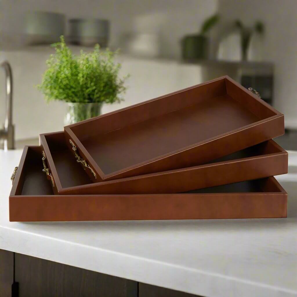 Chestnut Brown Leather Serving Tray Set