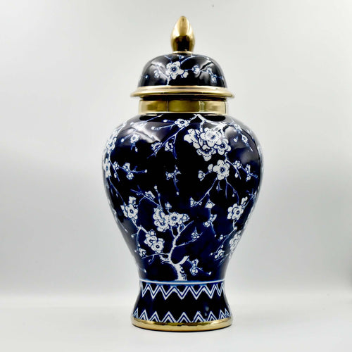 Chic Navy Gold Blossom Ceramic Ginger Jar