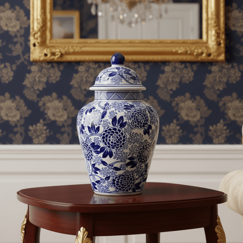 Chrysanthemum Motif Blue White Porcelain Jar