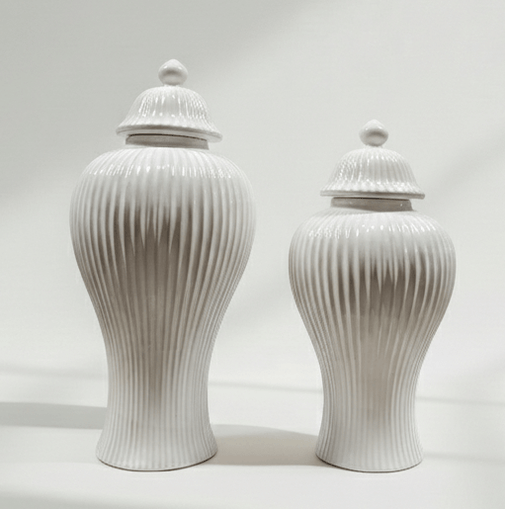 Classic Ribbed White Ceramic Ginger Jar Set