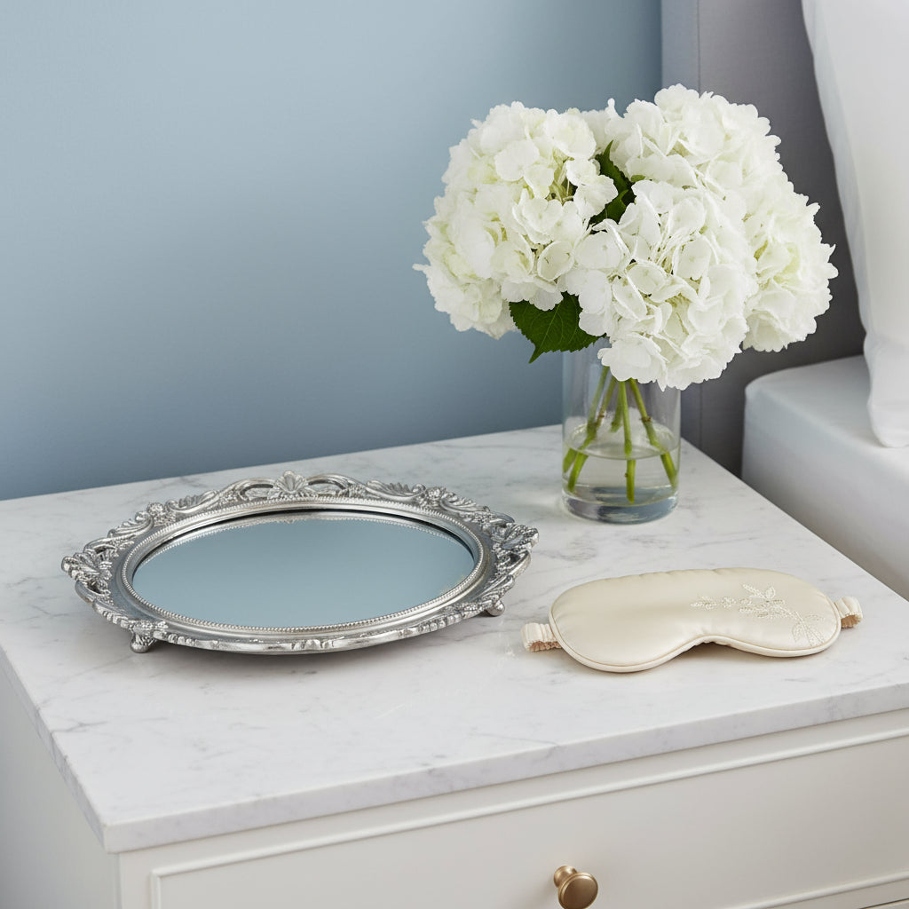 Classic Silver Round Mirror Vanity Tray