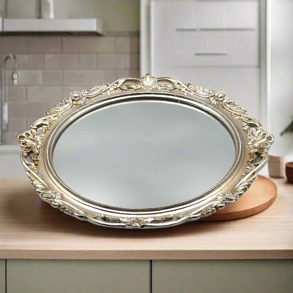 Classic Silver Round Mirror Vanity Tray