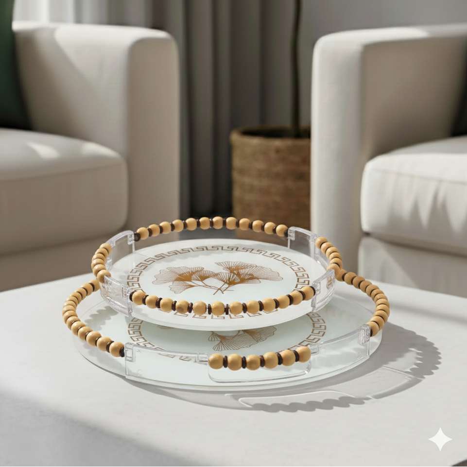Clear Glass & Wood Round Serving Tray Set