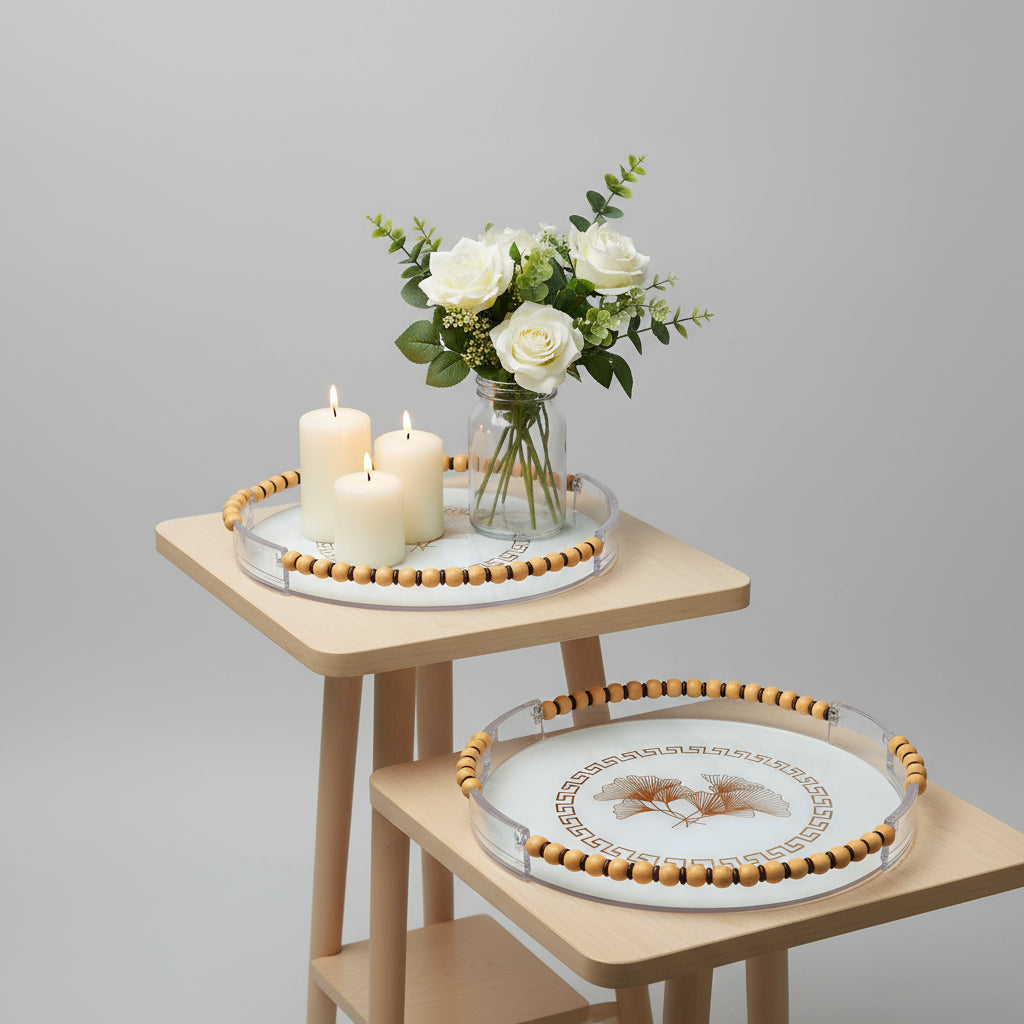 Clear Glass & Wood Round Serving Tray Set