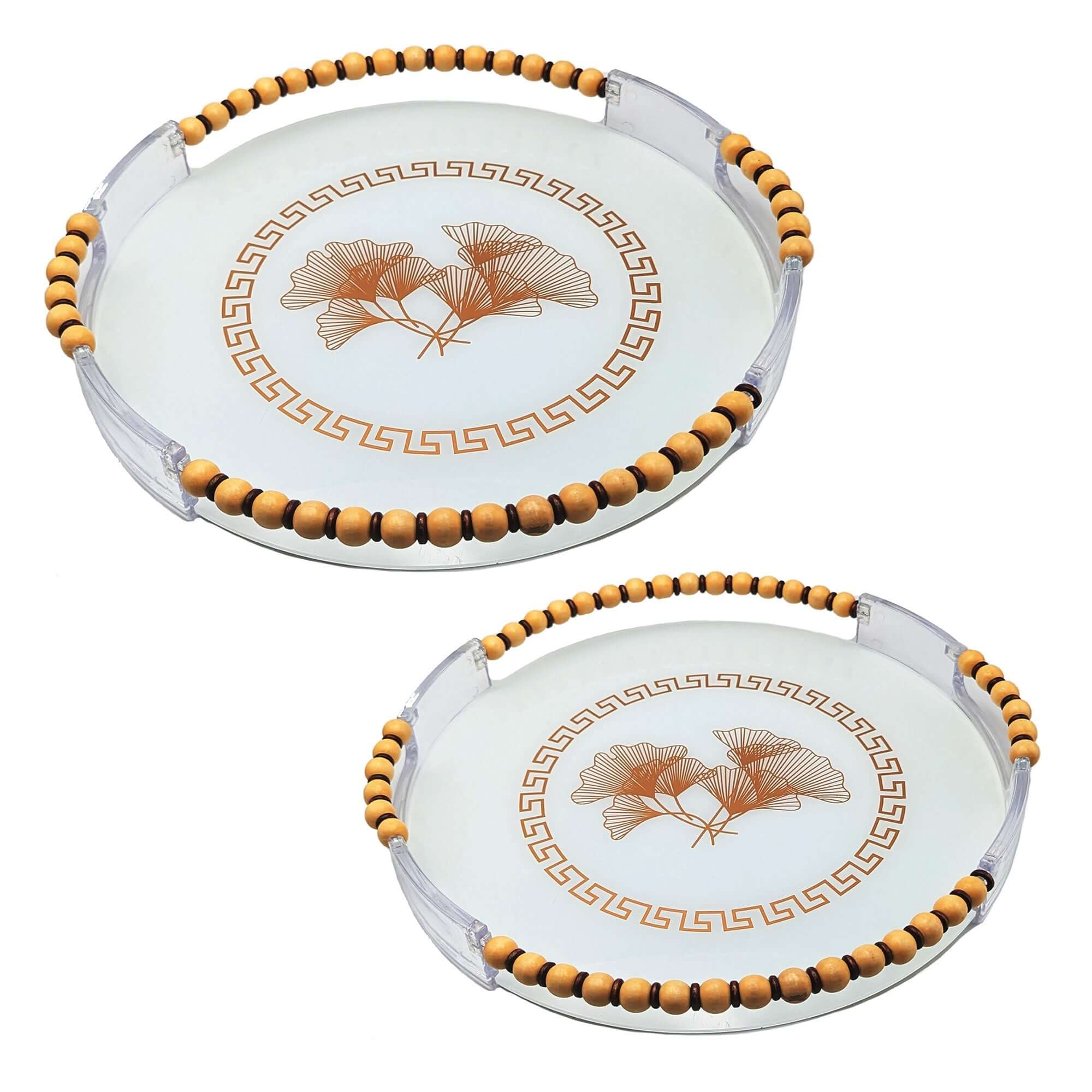 Clear Glass & Wood Round Serving Tray Set