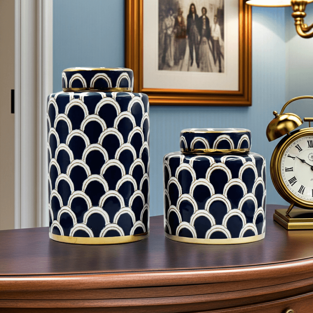 Coastal Navy Gold Scallop Jar Set