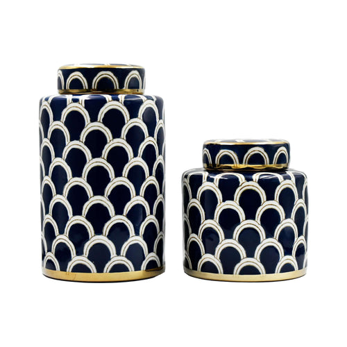 Coastal Navy Gold Scallop Jar SetCeramic,Ceramic Jar,Ceramic Temple Jar,Ginger Jar,Modern Hamptons Style