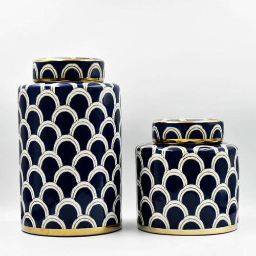 Coastal Navy Gold Scallop Jar SetCeramic,Ceramic Jar,Ceramic Temple Jar,Ginger Jar,Modern Hamptons Style