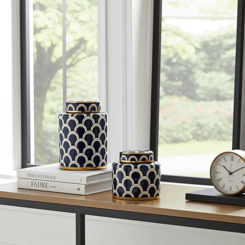 Coastal Navy Gold Scallop Jar SetCeramic,Ceramic Jar,Ceramic Temple Jar,Ginger Jar,Modern Hamptons Style