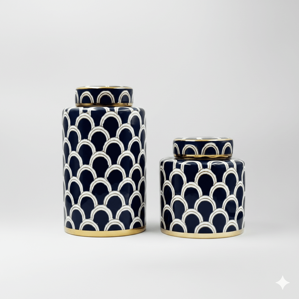 Coastal Navy Gold Scallop Jar Set