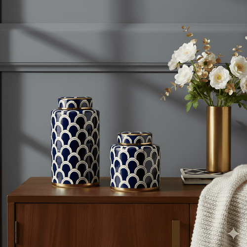 Coastal Navy Gold Scallop Jar Set