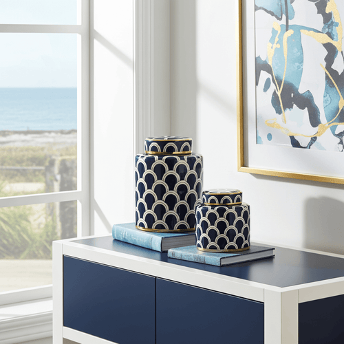Coastal Navy Gold Scallop Jar Set