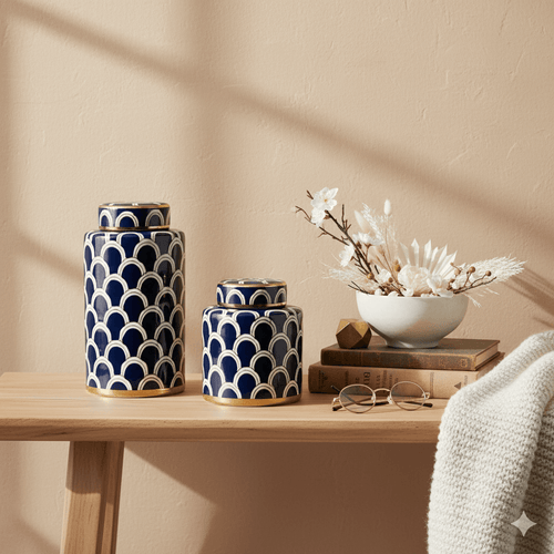 Coastal Navy Gold Scallop Jar Set