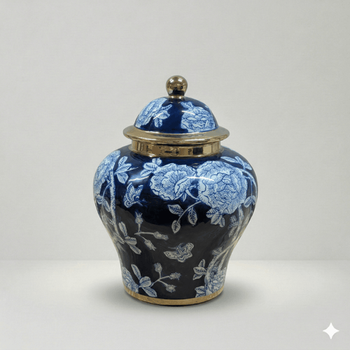 Cobalt Blue & Gold Peony Ginger Jar
