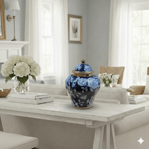 Cobalt Blue & Gold Peony Ginger Jar
