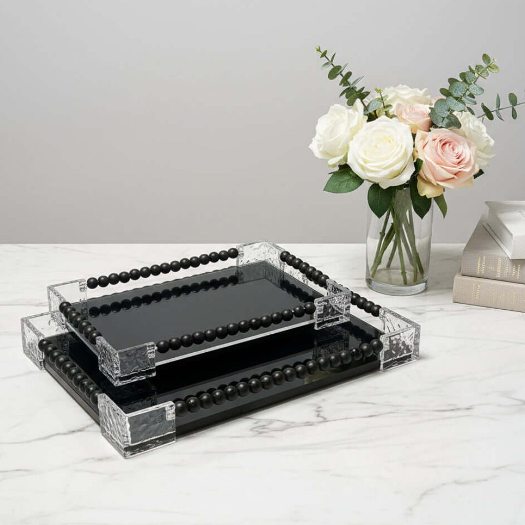 Contemporary Black Glass Serving Tray Set