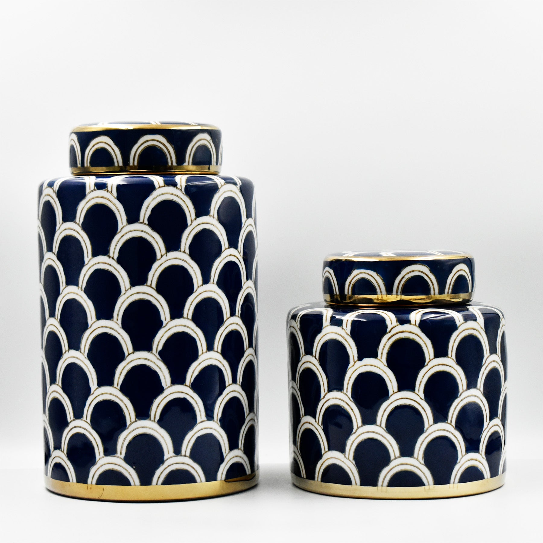 Azurean Scallop: Luxury Navy & Gold Ceramic Jar Set (2pc)