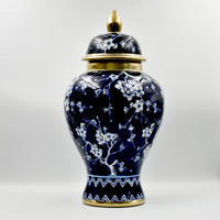 Elegant Cherry Blossom Navy & Gold Ceramic Lidded Jar 36cm