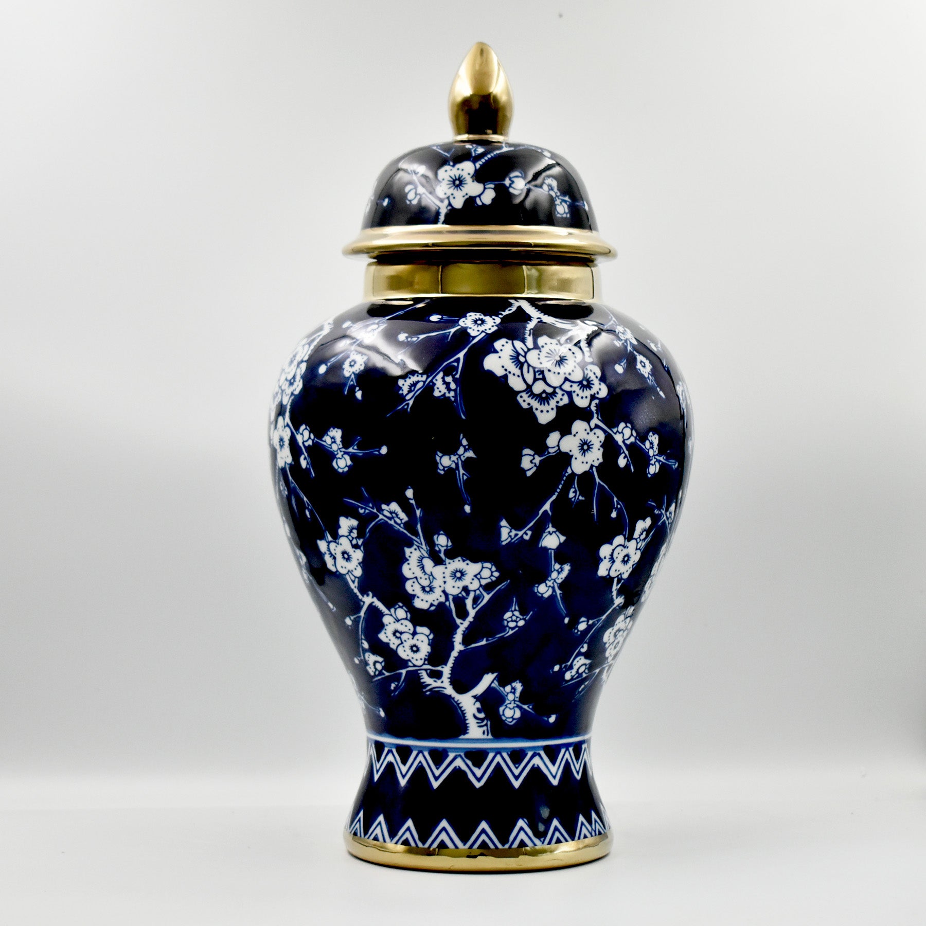 Elegant Cherry Blossom Navy & Gold Ceramic Lidded Jar 36cm