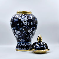 Elegant Cherry Blossom Navy & Gold Ceramic Lidded Jar 36cm