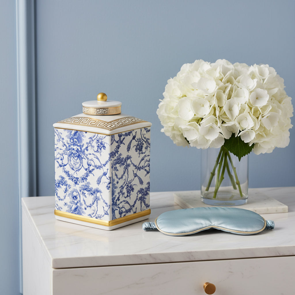 Hamptons Blue White Gold Accent Ginger Jar
