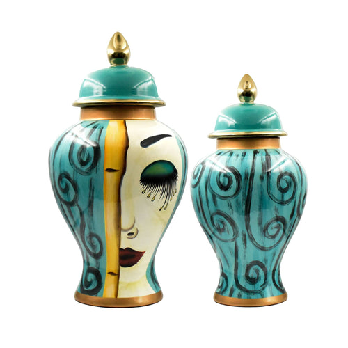 Elevate your interior styling with the magnificent Isabella Large Face Jar, a captivating piece of luxury statement ceramics. This impressive large art deco ceramic jar for floor display, available from Luxury Co, is a unique work of art, instantly adding