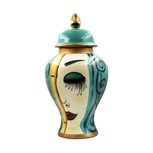 Elevate your interior styling with the magnificent Isabella Large Face Jar, a captivating piece of luxury statement ceramics. This impressive large art deco ceramic jar for floor display, available from Luxury Co, is a unique work of art, instantly adding