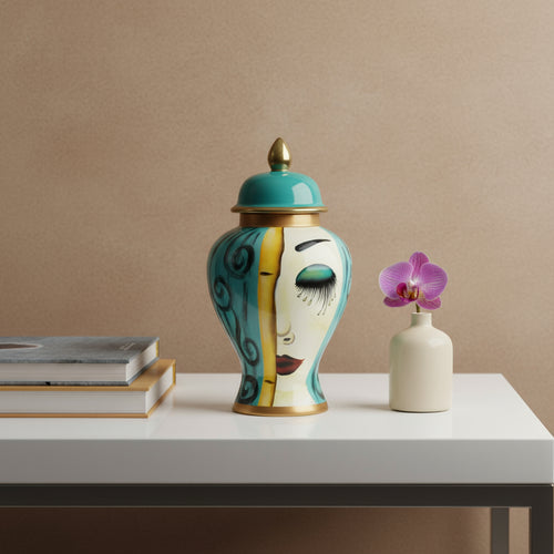 Elevate your interior styling with the magnificent Isabella Large Face Jar, a captivating piece of luxury statement ceramics. This impressive large art deco ceramic jar for floor display, available from Luxury Co, is a unique work of art, instantly adding