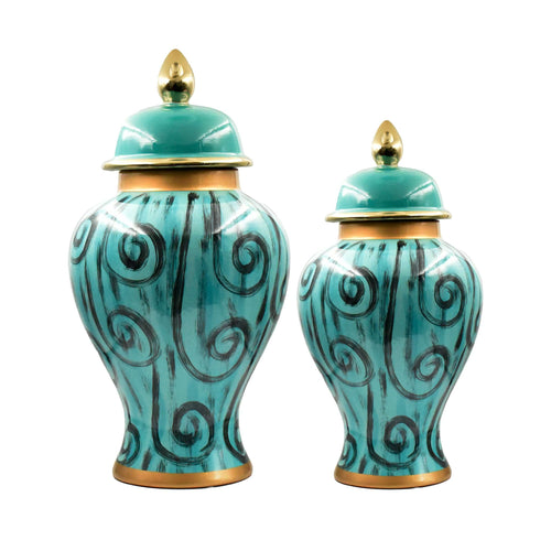 Large Art Deco Face Motif Ceramic Jar Set in teal with gold accents, featuring unique face motif design. Sizes: Large 51cm, Medium 39cm.
