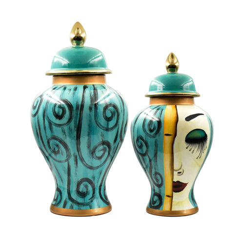 Large Art Deco Face Motif Ceramic Jar Set featuring striking blue and gold designs with elegant face motifs in large and medium sizes.