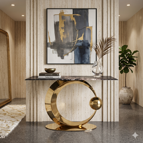 Eclipse Marble and Gold Sculptural Console Tabl